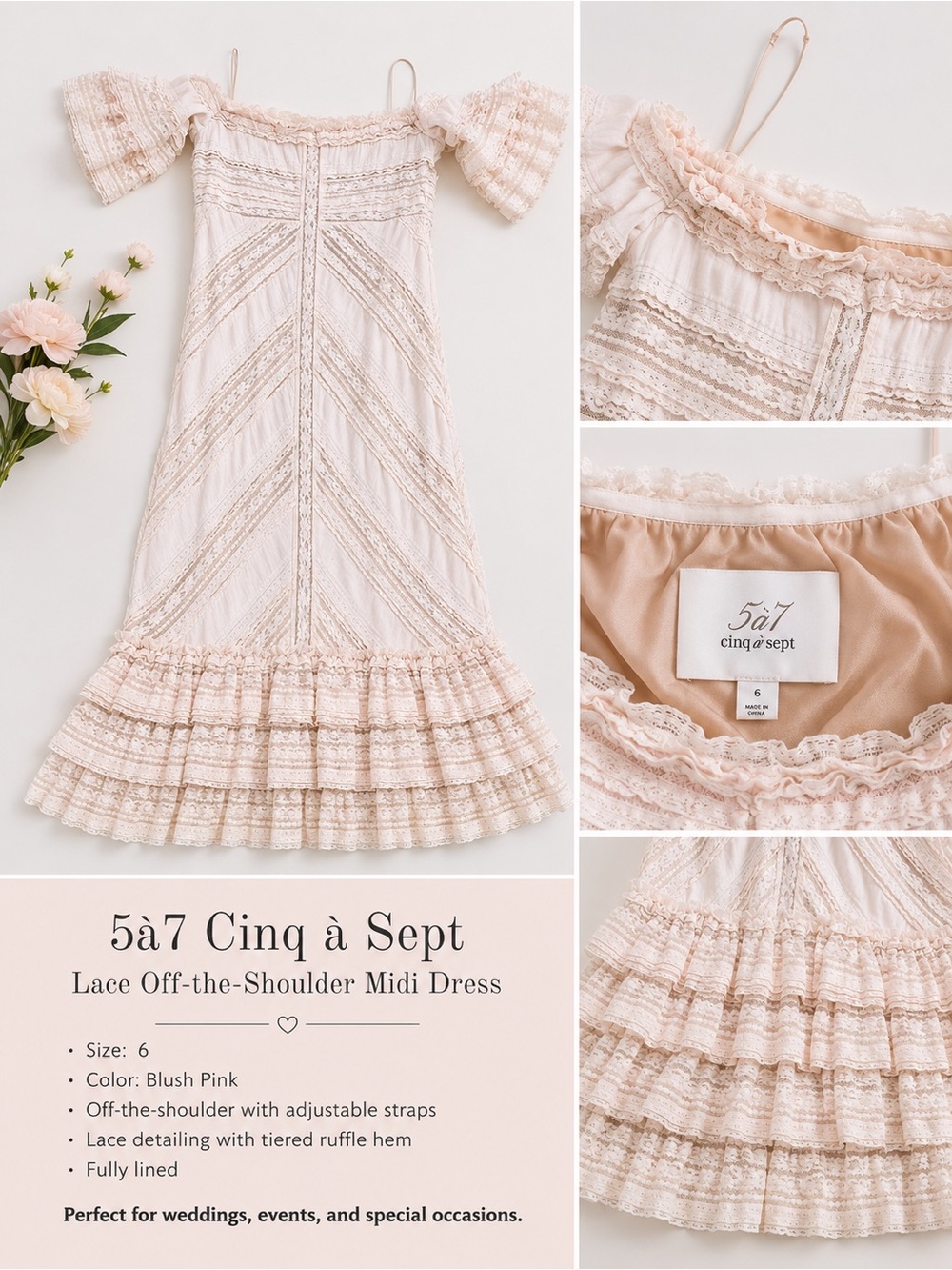 5à7 Cinq à Sept Blush Pink Lace Off-the-Shoulder Midi Dress